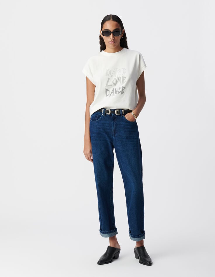 ikks Tee-shirt col rond blanc message contours pailletés