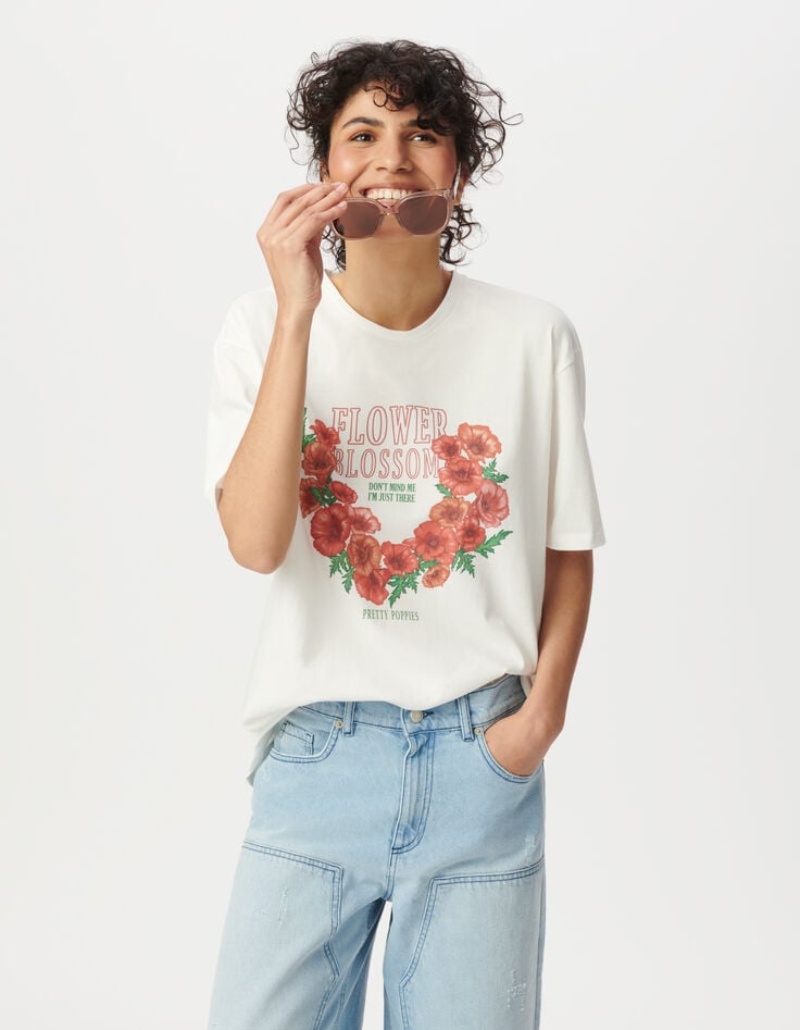 Ikks Tee-shirt Col Rond Blanc Visuel Fleurs Message