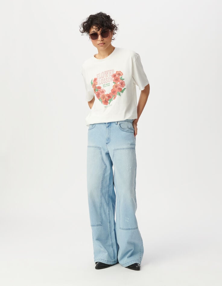 ikks Tee-shirt col rond blanc visuel fleurs message