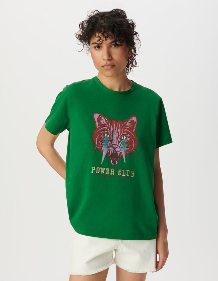 Ikks Tee-shirt Col Rond Vert Visuel Chat Et éclairs