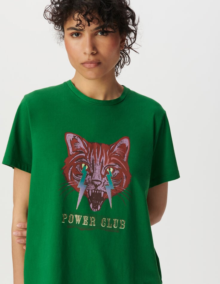 Ikks Tee-shirt Col Rond Vert Visuel Chat Et éclairs