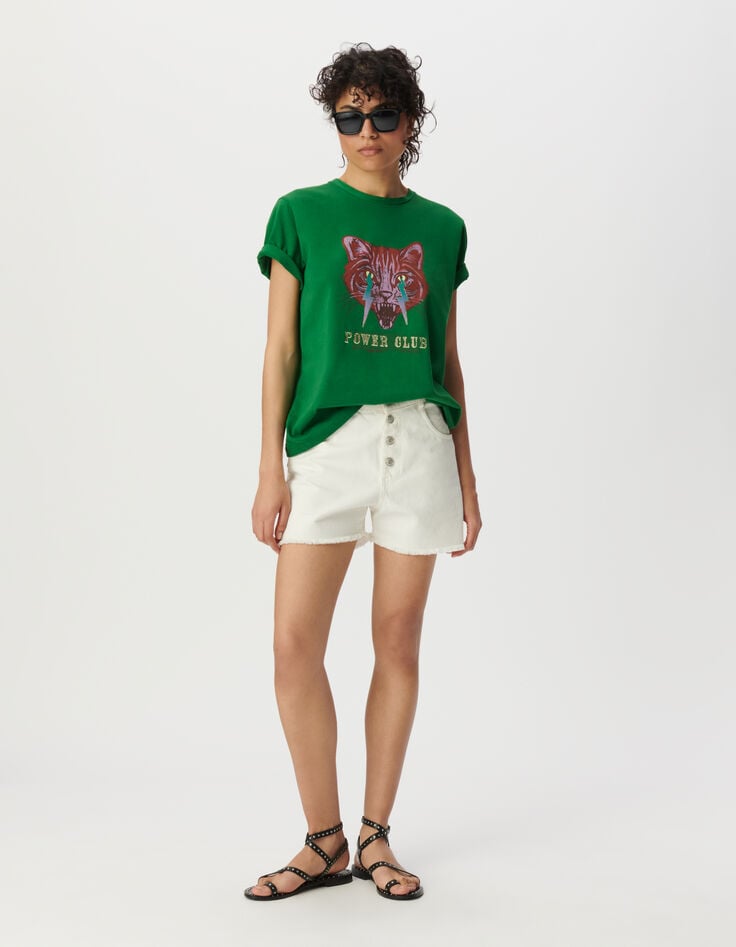 ikks Tee-shirt col rond vert visuel chat et éclairs