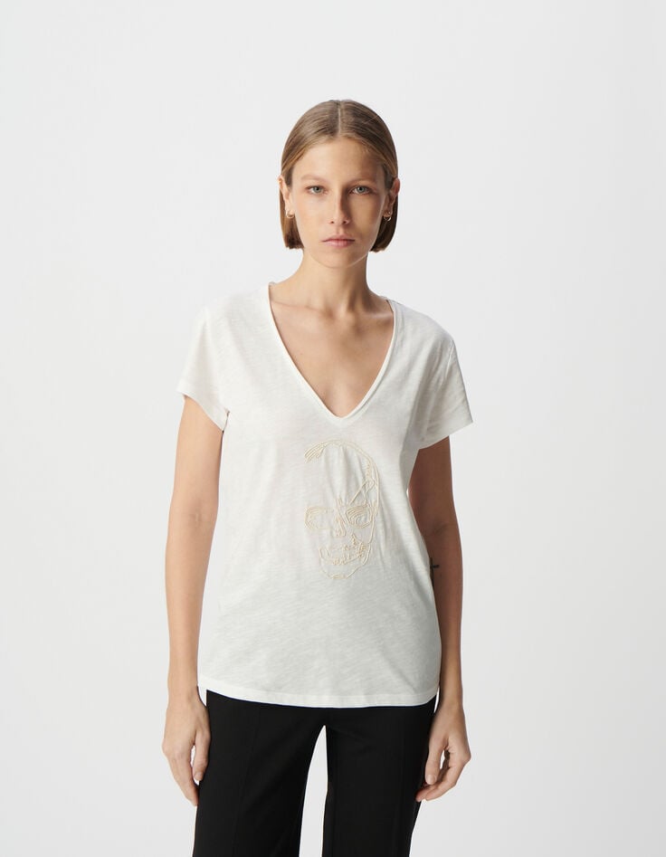 Ikks Tee-shirt Col V Blanc Coton Bio Broderie Tête De Mort Femme
