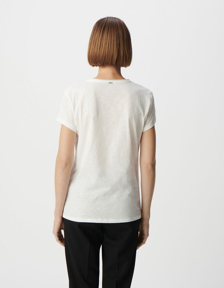 Ikks Tee-shirt Col V Blanc Coton Bio Broderie Tête De Mort Femme
