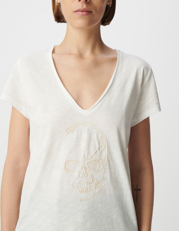 Ikks Tee-shirt Col V Blanc Coton Bio Broderie Tête De Mort Femme