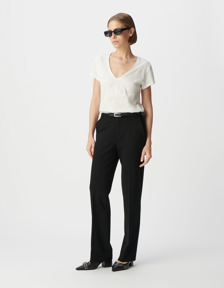 ikks Tee-shirt col V blanc coton bio broderie tête de mort Femme