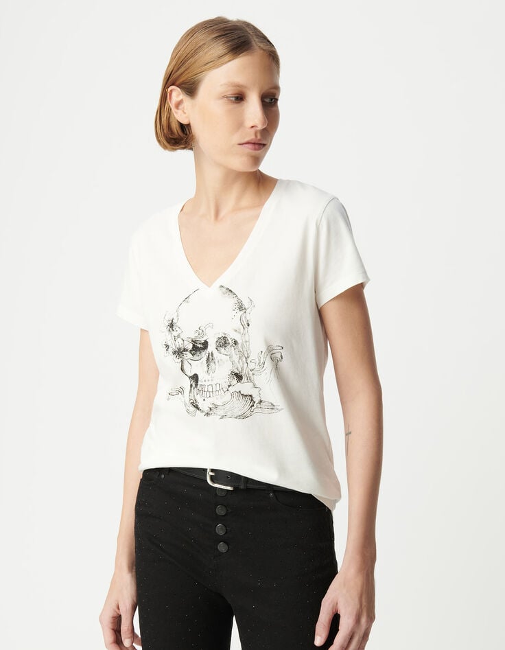 Ikks Tee-shirt Col V Blanc Coton Bio Visuel Tête De Mort Femme