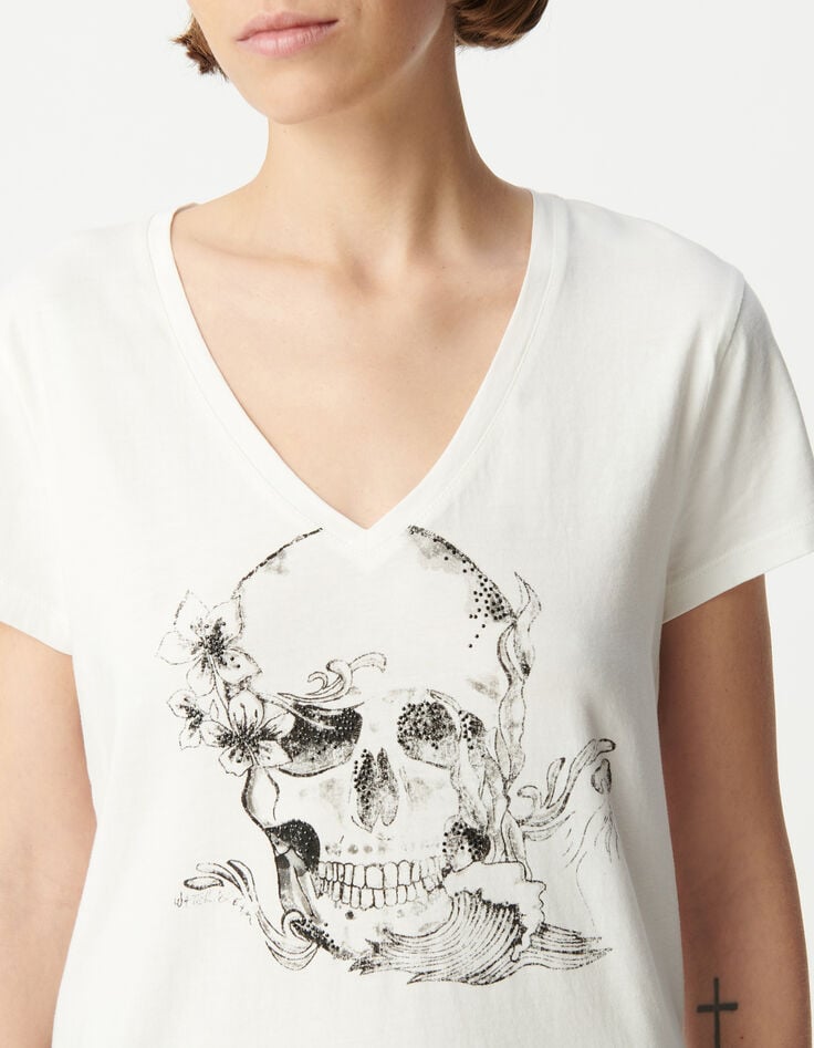 Ikks Tee-shirt Col V Blanc Coton Bio Visuel Tête De Mort Femme