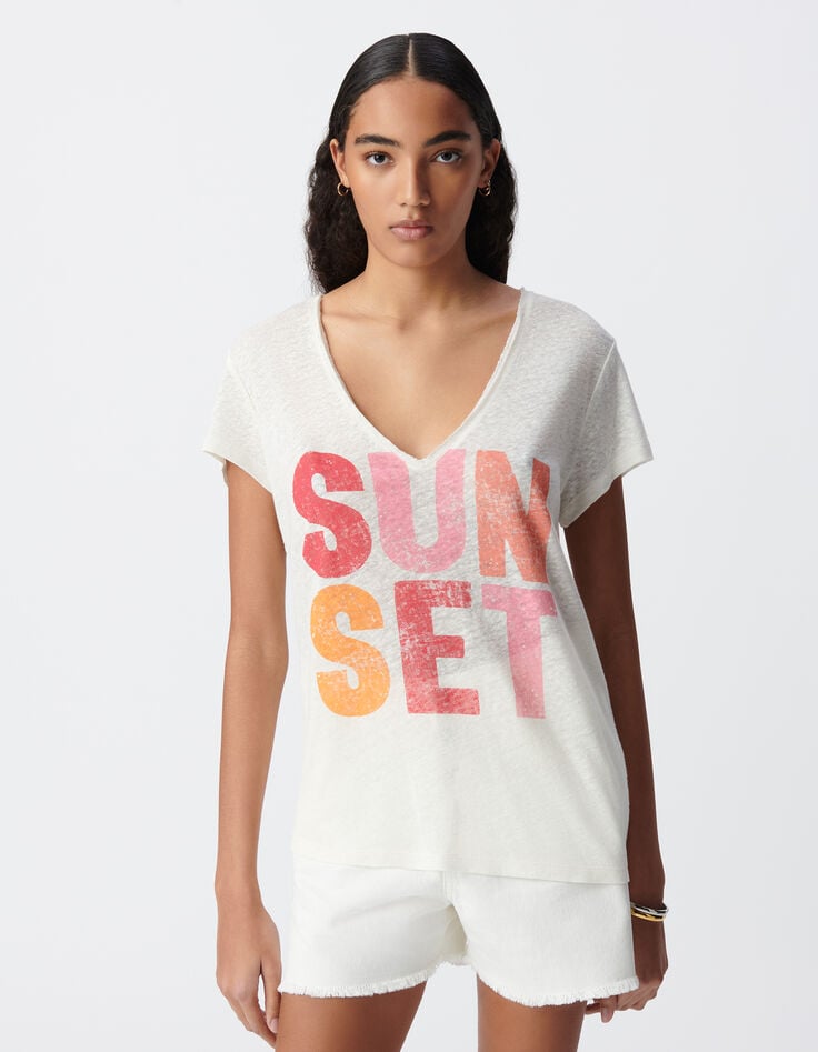 Ikks Tee-shirt Col V Blanc Maxi Message Couleur Femme