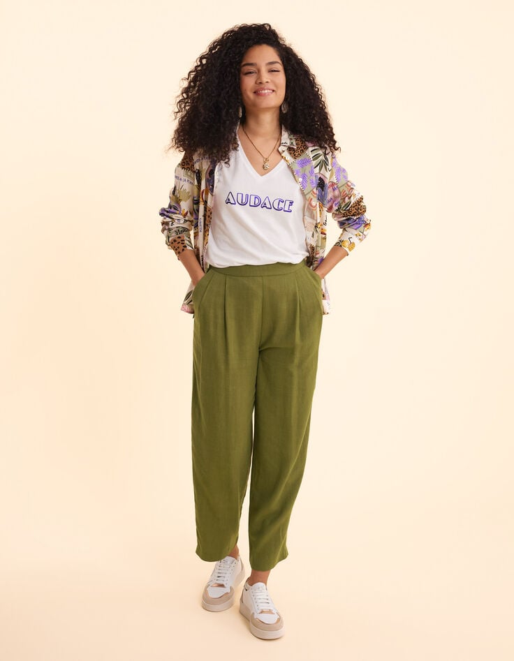 Ikks Tee-shirt Col V Blanc Message Bleu Métallisé I.Code