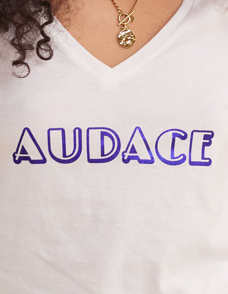 Ikks Tee-shirt Col V Blanc Message Bleu Métallisé I.Code