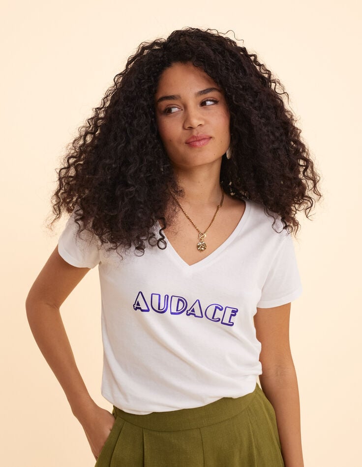 ikks Tee-shirt col V blanc message bleu métallisé I.Code