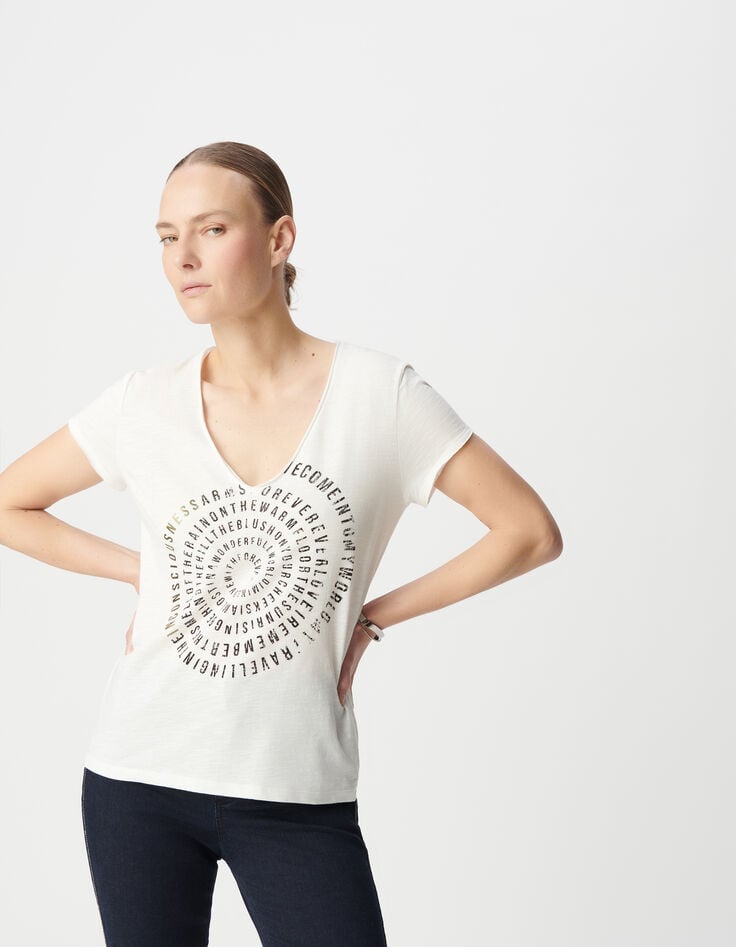Ikks Tee-shirt Col V Blanc Visuel Spirale Typo Femme
