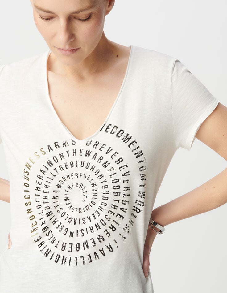 Ikks Tee-shirt Col V Blanc Visuel Spirale Typo Femme