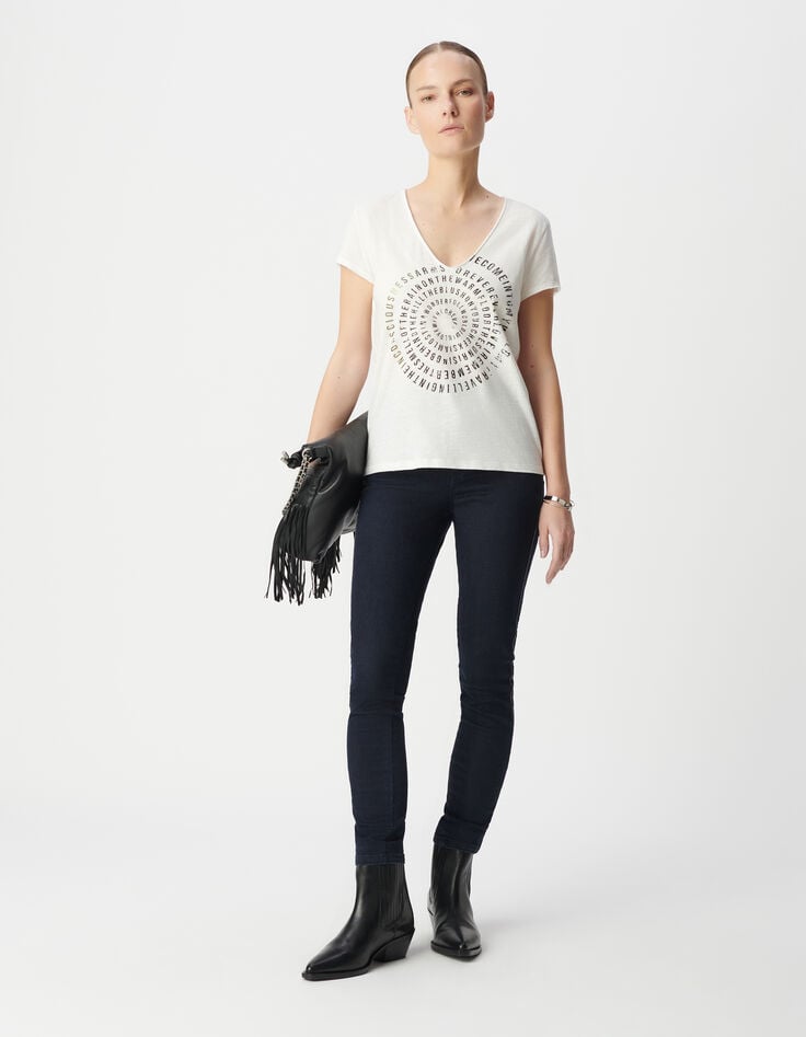ikks Tee-shirt col V blanc visuel spirale typo Femme