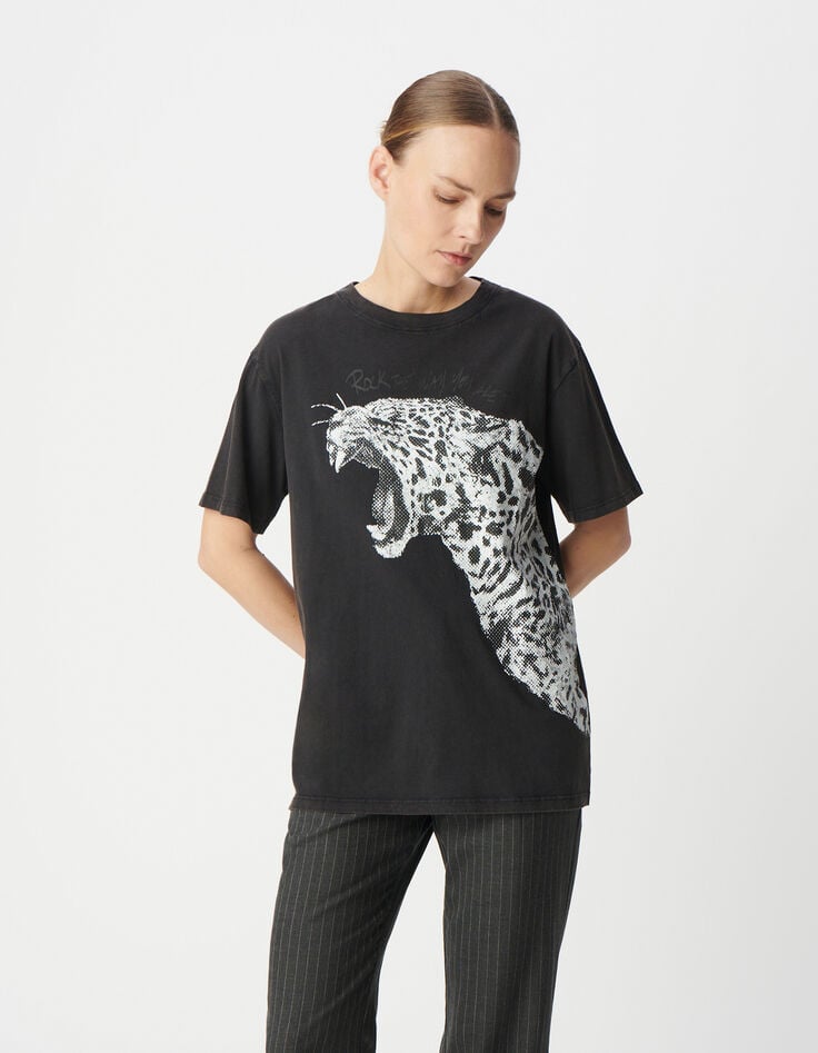 Ikks Tee-shirt Gris Coton Bio Visuel Léopard Et Message Femme