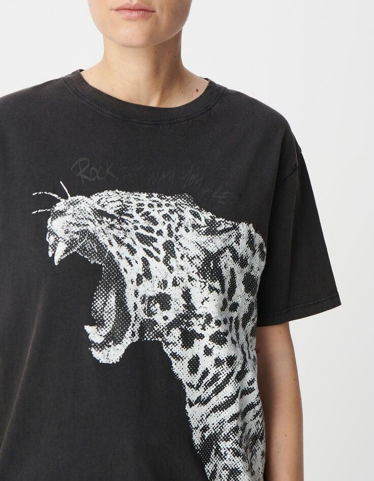 Ikks Tee-shirt Gris Coton Bio Visuel Léopard Et Message Femme