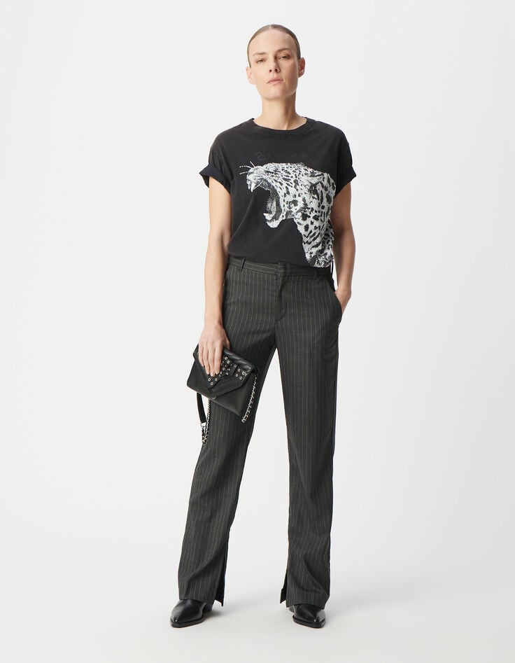 ikks Tee-shirt gris coton bio visuel léopard et message Femme