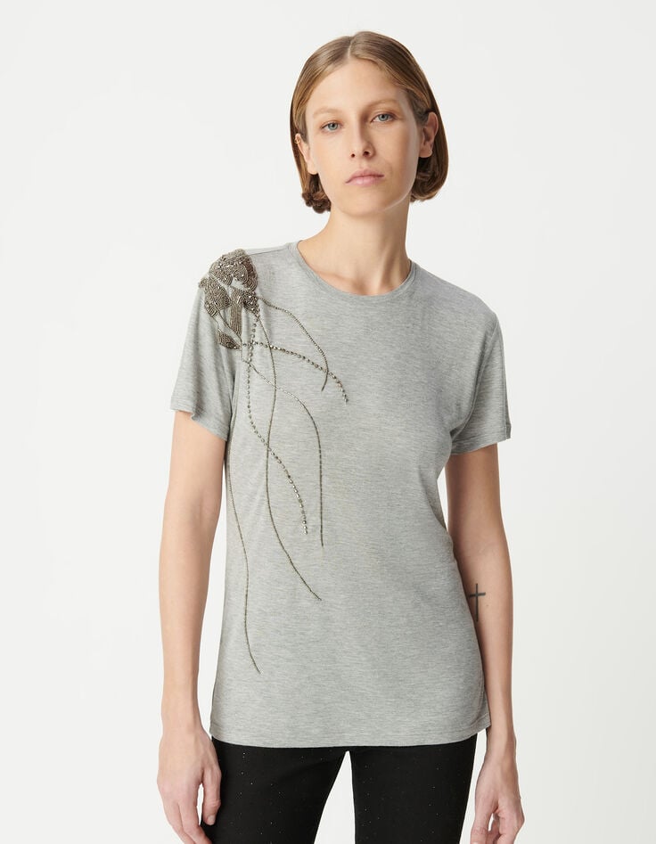 Ikks Tee-shirt Gris Décor Perles Métallisées épaule Femme