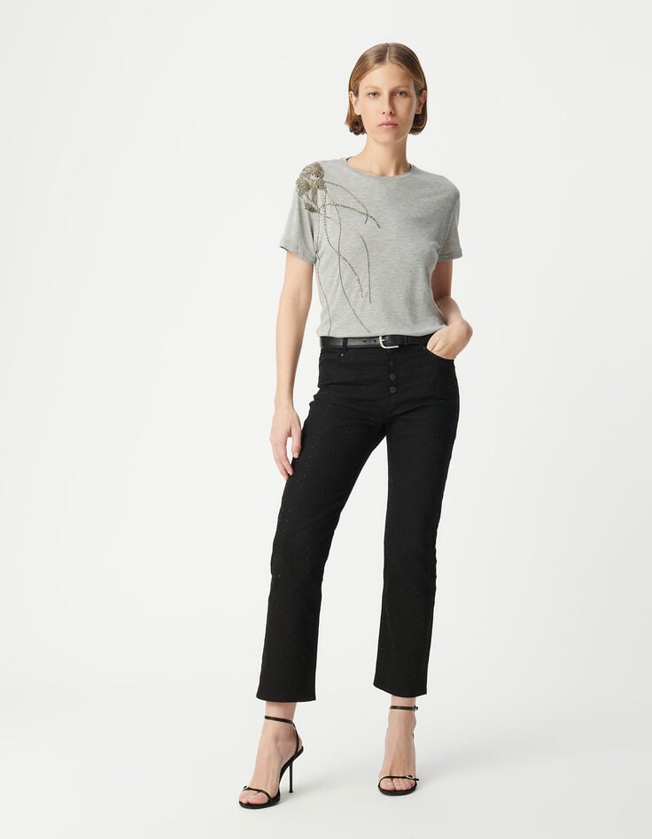 ikks Tee-shirt gris décor perles métallisées épaule Femme