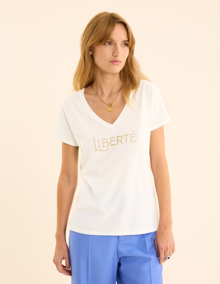 Ikks Tee-shirt Manches Courtes Blanc Message Pailleté I.Code