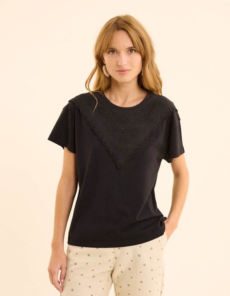 Ikks Tee-shirt Manches Courtes Noir Broderies Plastron I.Code
