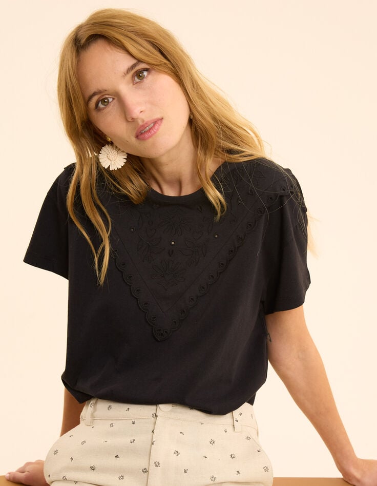 ikks Tee-shirt manches courtes noir broderies plastron I.Code