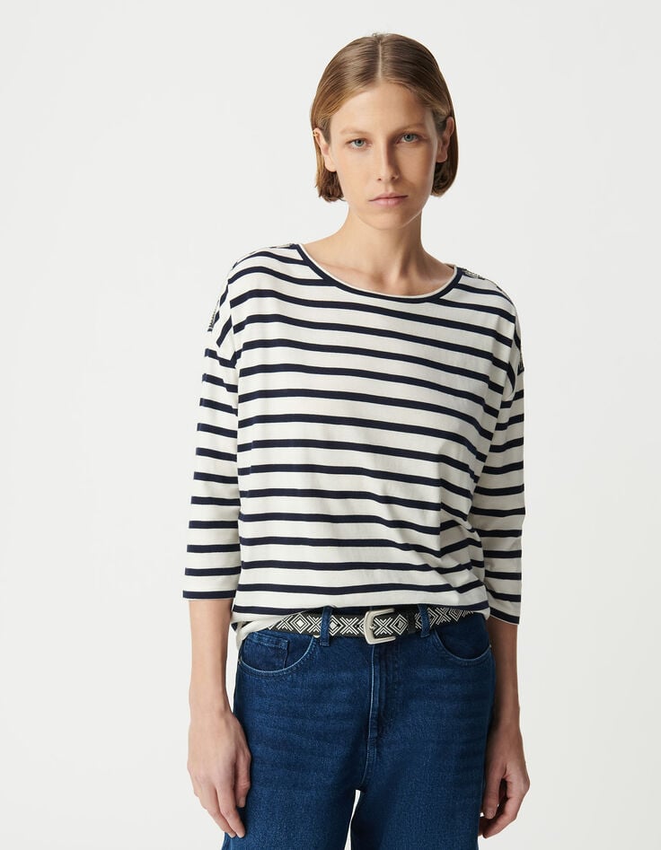 Ikks Tee-shirt Marinière Oversize Marine Et Blanc Bijoux épaules Femme