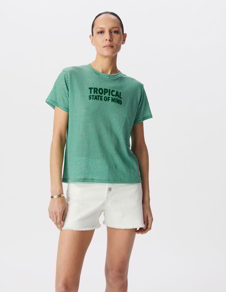 Ikks Tee-shirt Marinière Vert Message Flocage Velours Femme