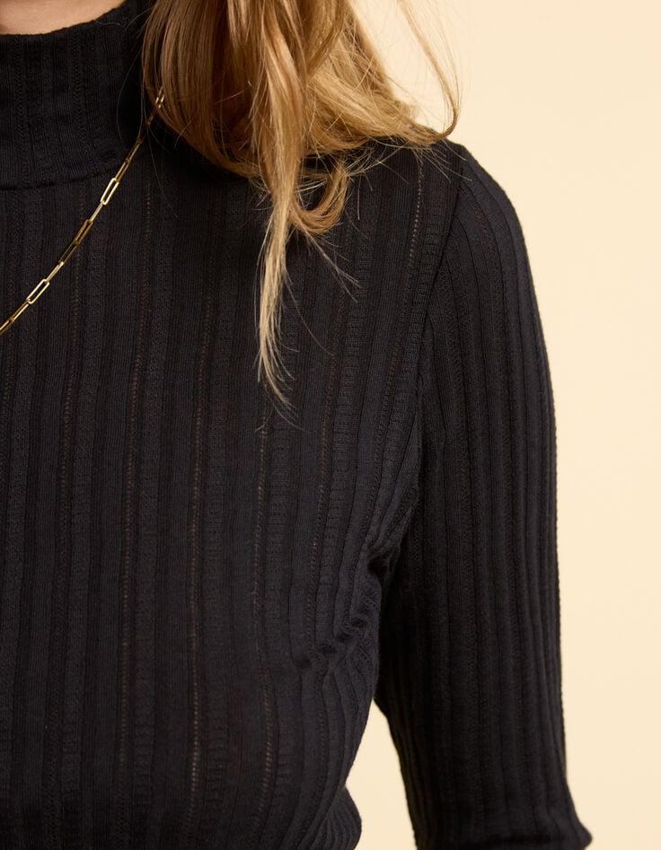 Ikks Tee-shirt Noir Col Cheminée Rayures Côtelées I.Code