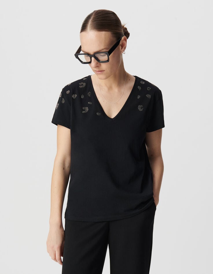 Ikks Tee-shirt Noir Coton Bio Motifs Léopard Micro Clous Femme