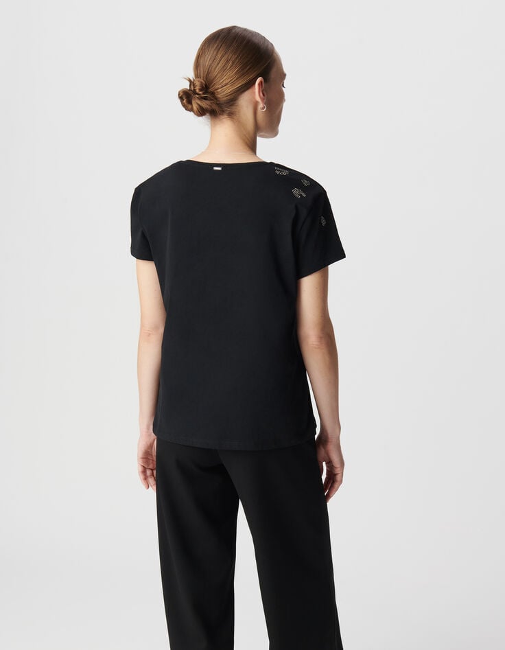 Ikks Tee-shirt Noir Coton Bio Motifs Léopard Micro Clous Femme