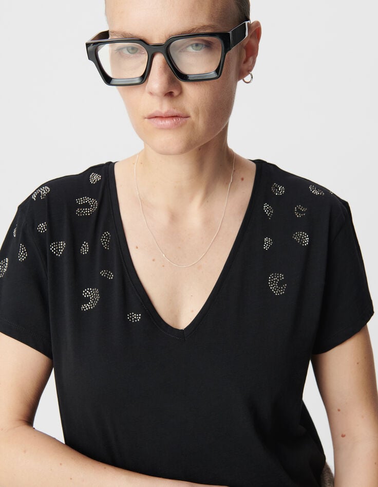 Ikks Tee-shirt Noir Coton Bio Motifs Léopard Micro Clous Femme