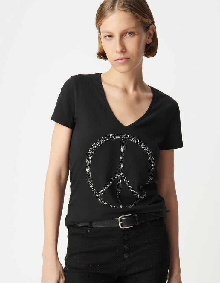 Ikks Tee-shirt Noir Coton Bio Peace And Love Clouté Femme