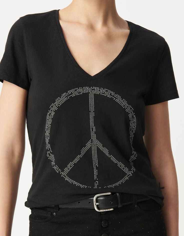 Ikks Tee-shirt Noir Coton Bio Peace And Love Clouté Femme