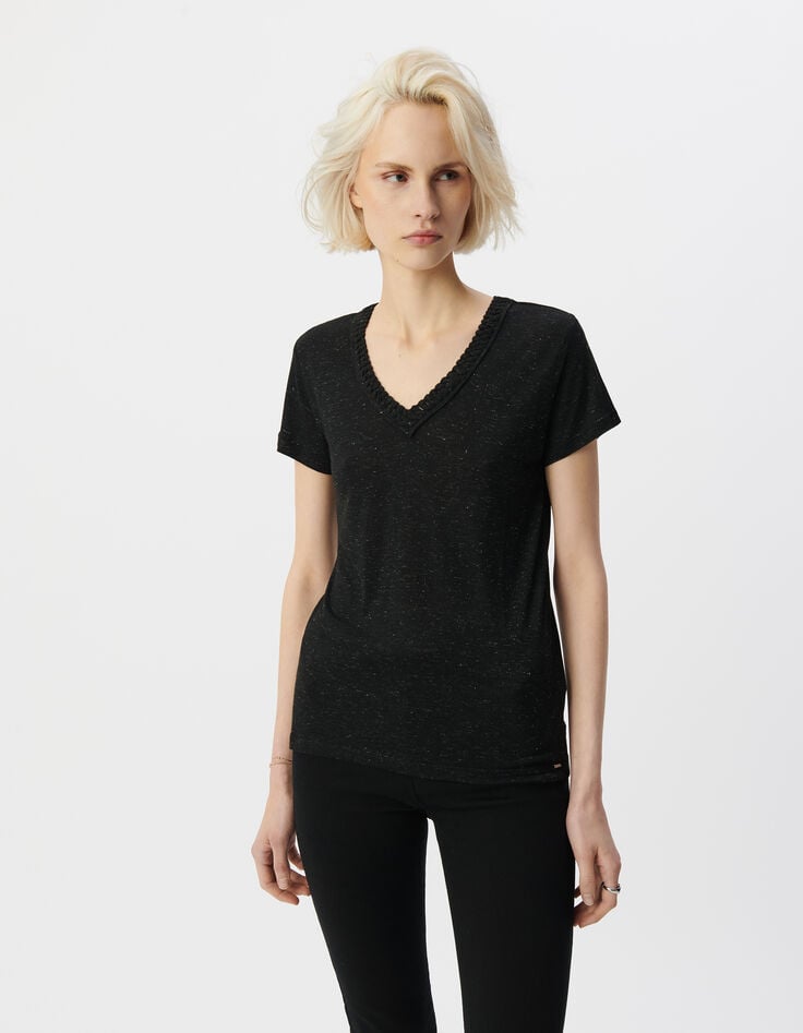 Ikks Tee-shirt Noir Lurex Réversible Tressage Encolure V Femme