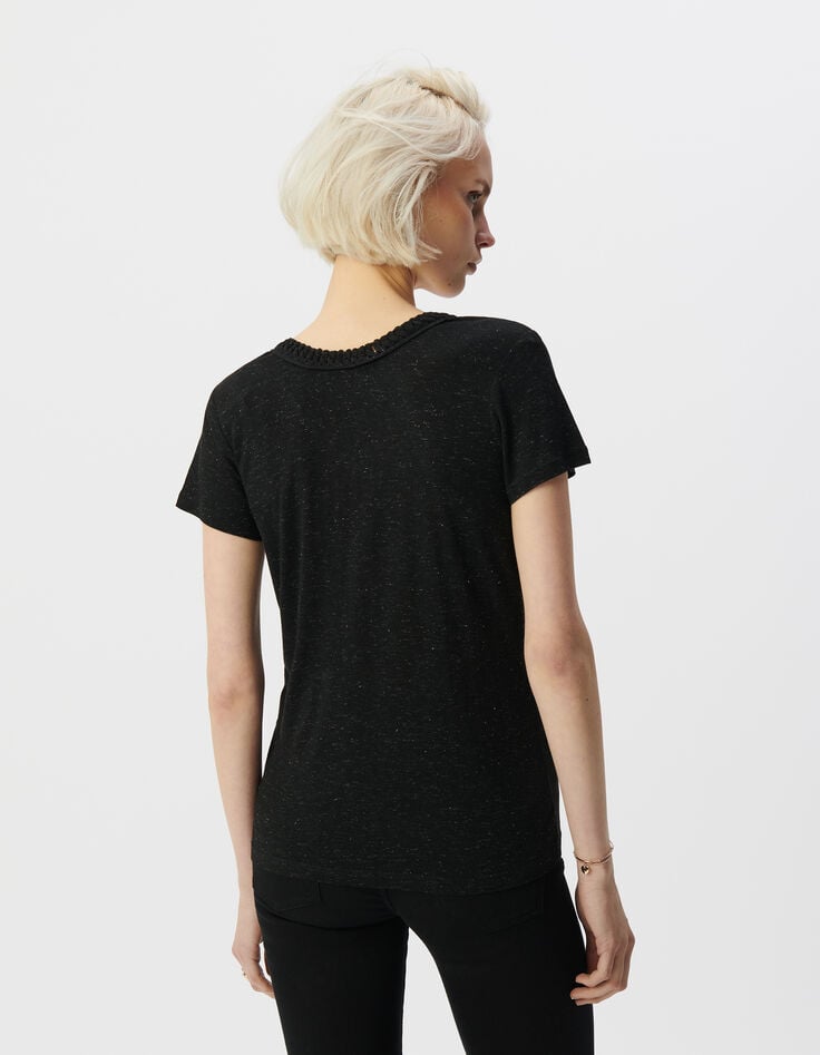 Ikks Tee-shirt Noir Lurex Réversible Tressage Encolure V Femme