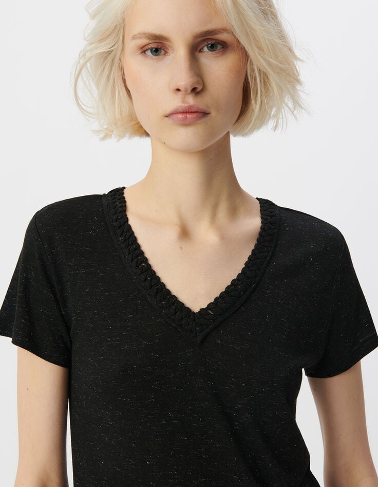 Ikks Tee-shirt Noir Lurex Réversible Tressage Encolure V Femme