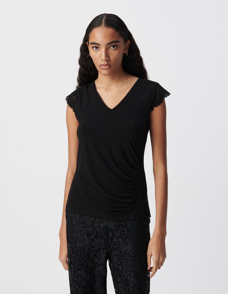 Ikks Tee-shirt Noir Manches Dentelle Festonnée Femme