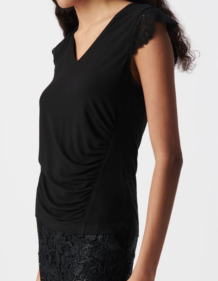 Ikks Tee-shirt Noir Manches Dentelle Festonnée Femme