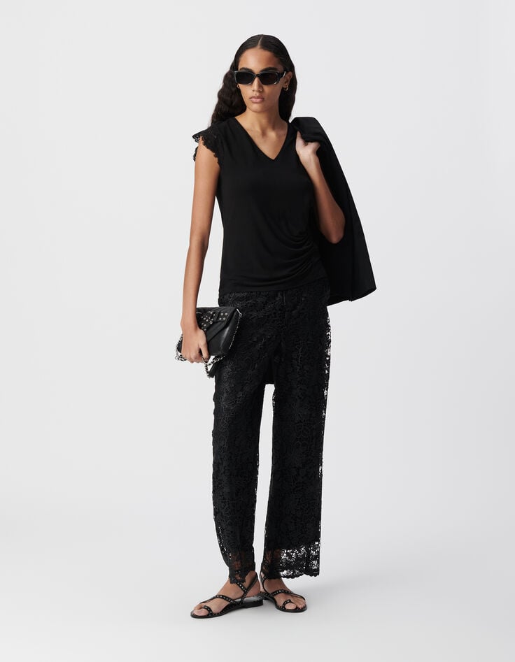 ikks Tee-shirt noir manches dentelle festonnée Femme