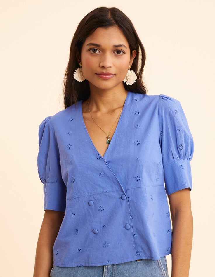 Ikks Top Bleu Broderie Anglaise Boutonnage Croisé I.Code