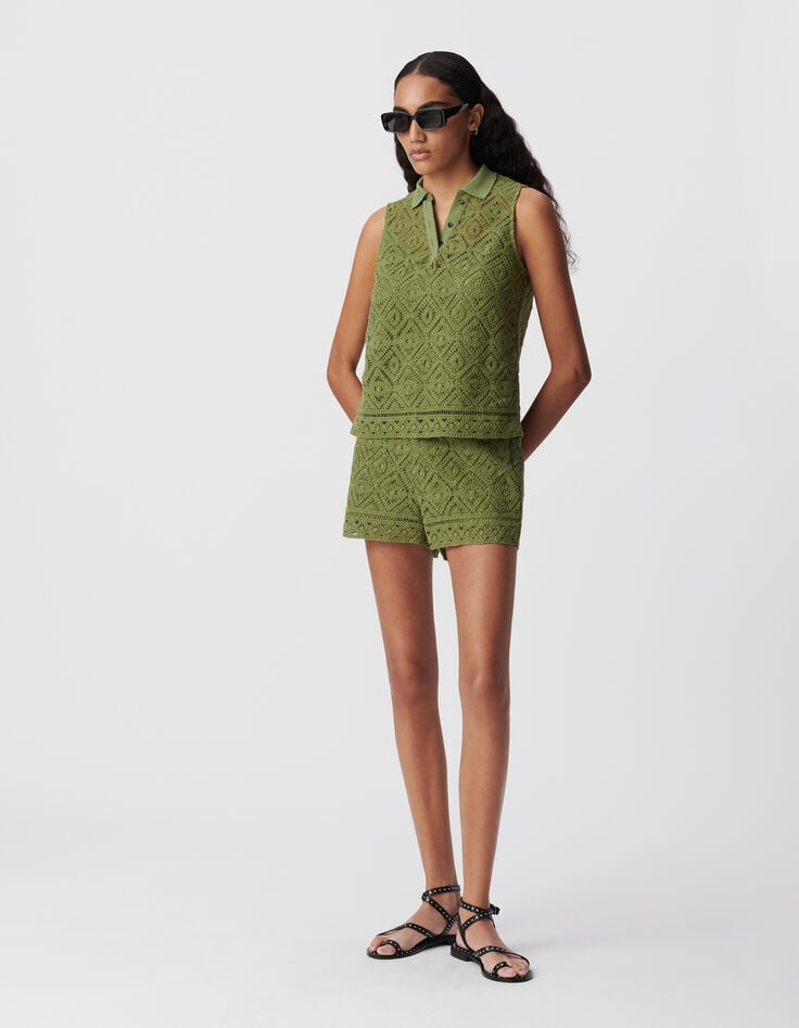 Ikks Top Col Polo Vert Coton Bio Dentelle Crochet Femme