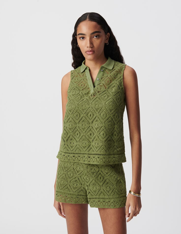 Ikks Top Col Polo Vert Coton Bio Dentelle Crochet Femme