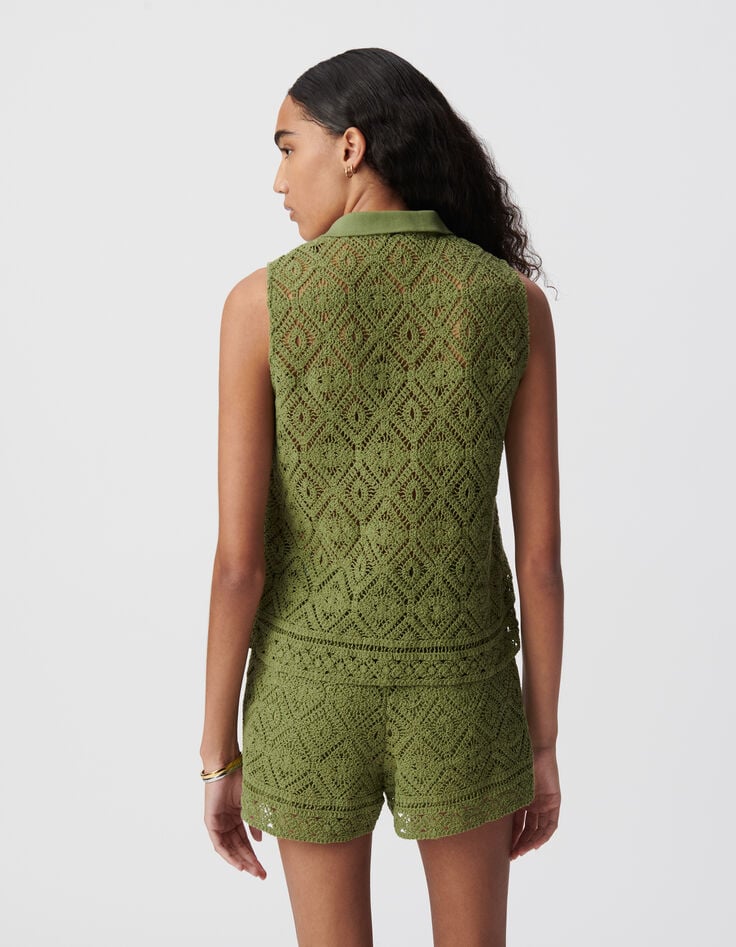 Ikks Top Col Polo Vert Coton Bio Dentelle Crochet Femme