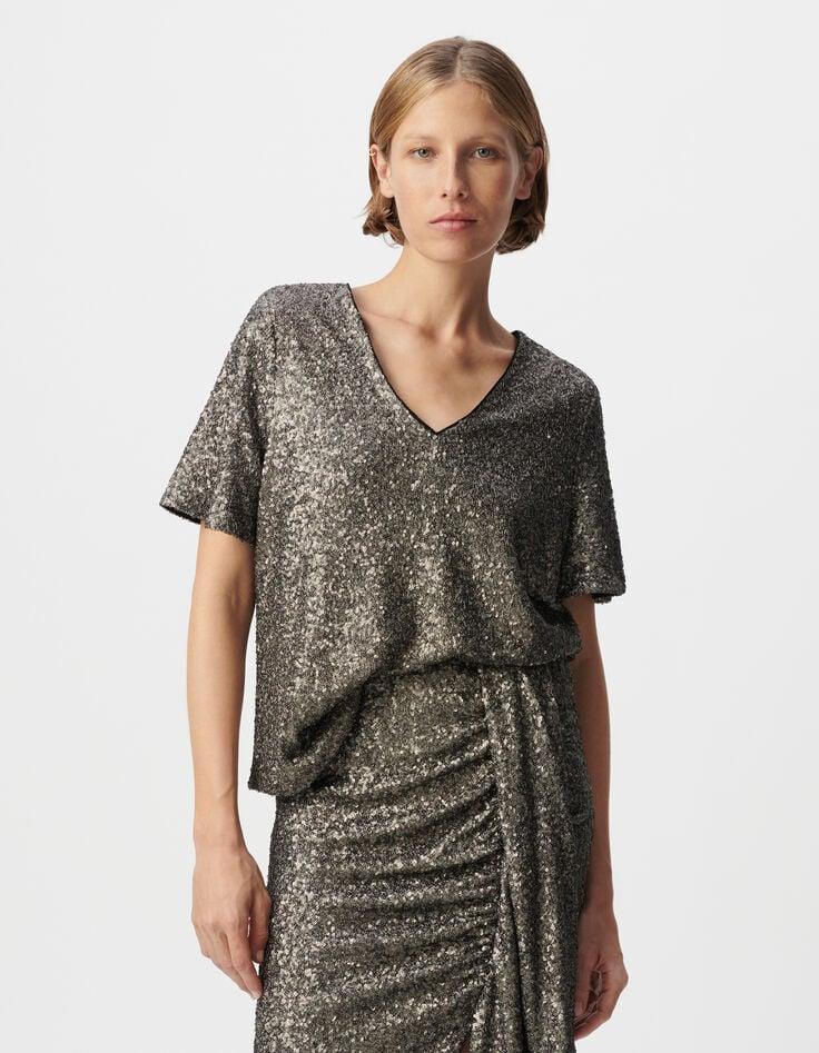 Ikks Top Gris Manche Courte Brodé Sequins Métallisés Femme