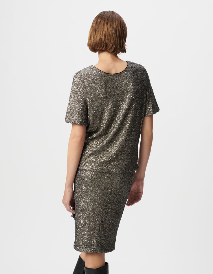 Ikks Top Gris Manche Courte Brodé Sequins Métallisés Femme