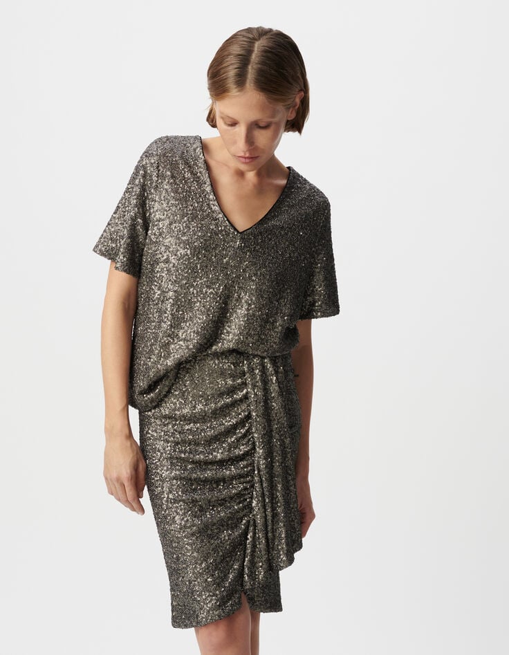 Ikks Top Gris Manche Courte Brodé Sequins Métallisés Femme