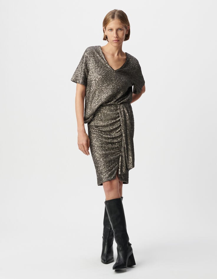 ikks Top gris manche courte brodé sequins métallisés Femme