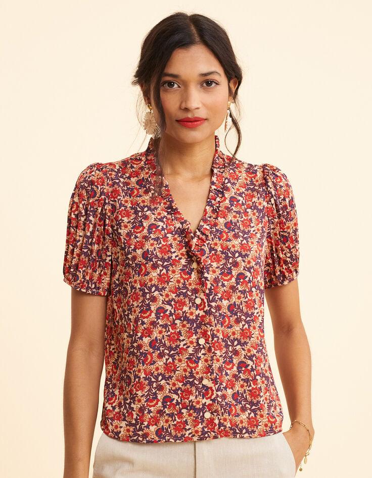 Ikks Top Rouge Imprimé Fleuri Manches Plissées I.Code